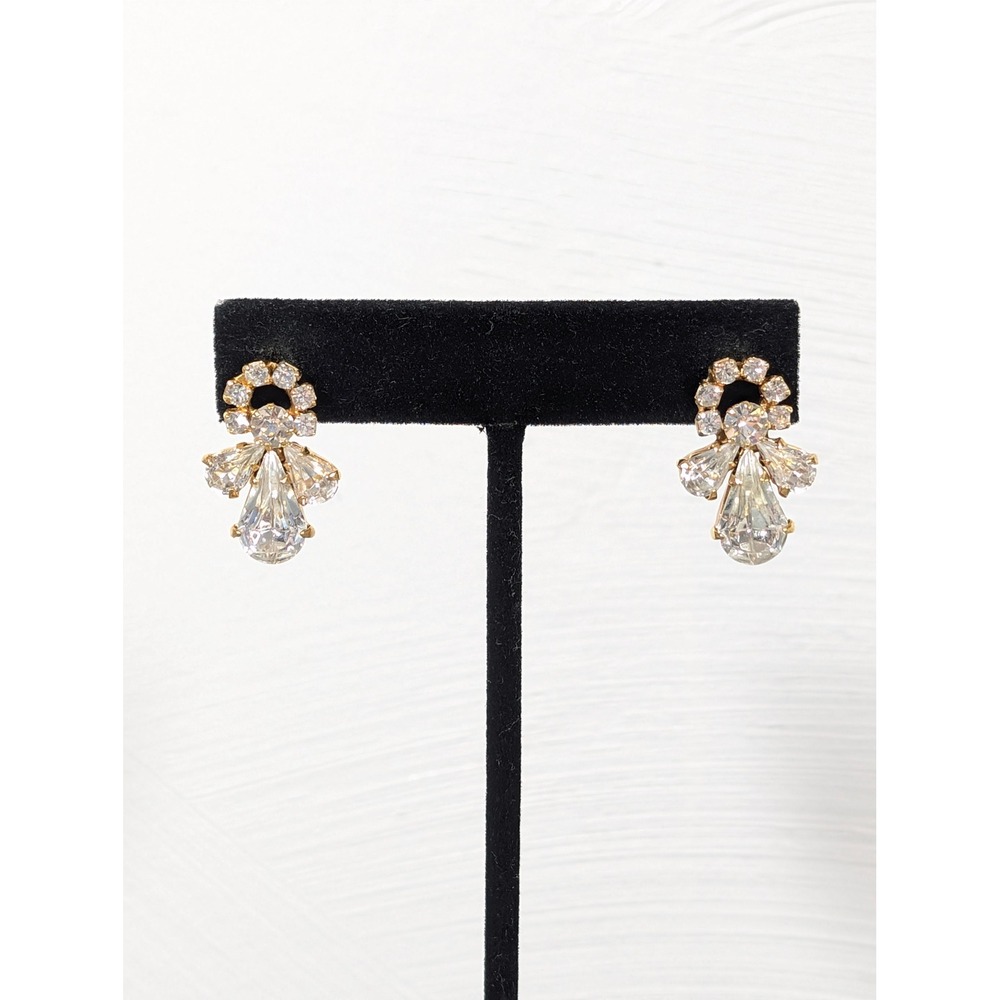 Vintage Gold Tone Rhinestone Angel Halo Pierced‎ Earrings Christmas Holiday
